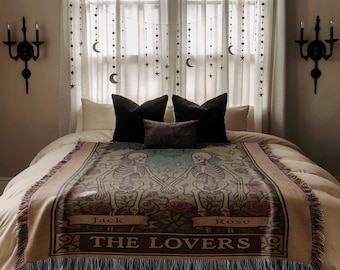 The Lovers Tarot Custom Skeleton Blanket Halloween Throw Gothic Tapestry Blanket Til Death Cozy Gift for Her Decor