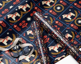 Xmas Wrapping Paper Roll Scandinavian Dala Horse Christmas Paper Festive Gift Wrap Holiday Wrapping Gift Wrap Papers Cute Christmas Wrap