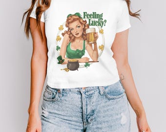 Womens St Patricks Day Baby Tee, St Patricks Tee Baby, Feeling Lucky T-Shirt, Cute St Patricks Day Shirts, Y2k St Patricks Day Crop Top