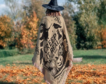 Creep It Real Witch Halloween Blanket Fall Throw Blanket with Pumpkins Skulls and Broom Gothic Cozy Home Decor for Spooky Season