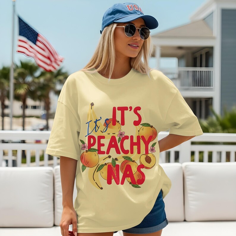 Peachy Graphic Tee, Fun Fruit Design T-Shirt, Trendy Casual Wear, Cute Summer Graphic Tee, Stylish Outdoor Outfit, Vacation Wear