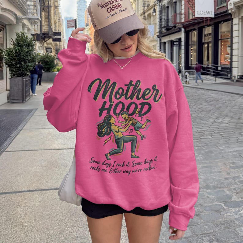 Motherhood Sweatshirt, Fun Mom Graphic Shirt, Mother's Day Gift Idea, Cozy Casual Wear, Trendy Mom Outfit, Cute Pink Pullover