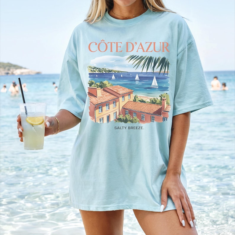 コート・ダジュールシャツ、フレンチ・リヴィエラTシャツ、プロヴァンス、南フランス、サマーシャツ、快適な色彩、古銭、美学、ヨーロッパのバケーション 画像 5