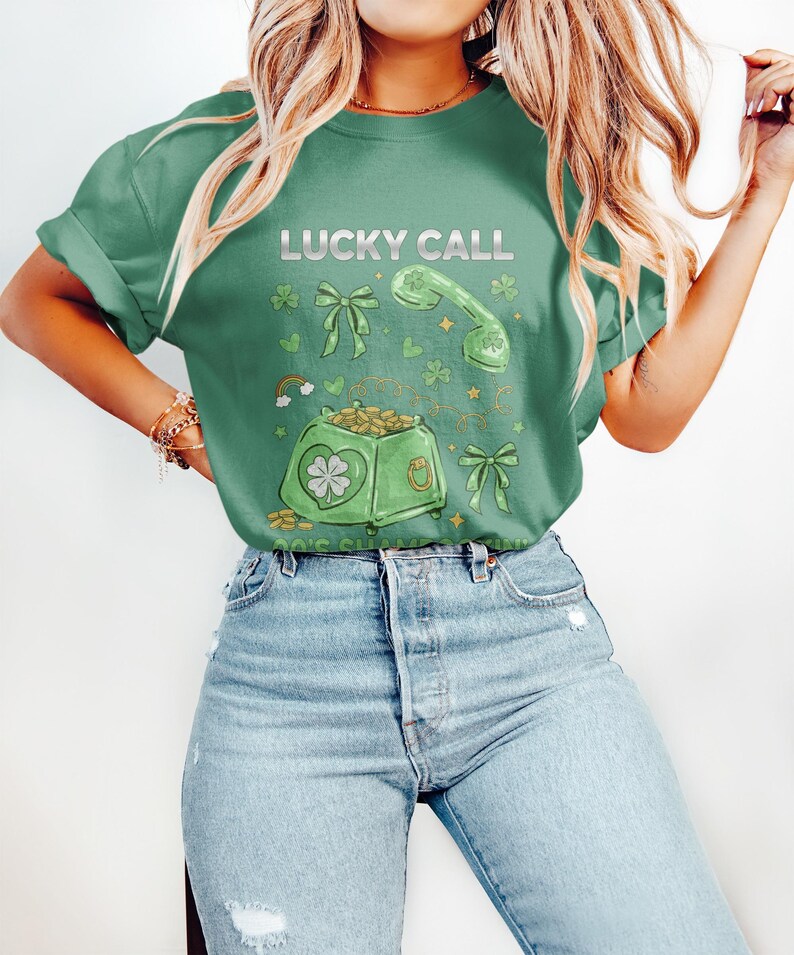 Lucky Call Green T-Shirt, Clover and Coin Design, Whimsical Graphic Tee, Perfect for Casual Wear, Trendy Gift Idea