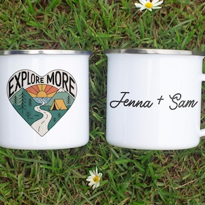 Personalized Couples Camping Mug for Couples Custom Enamel Mug with Names Nature Campfire Gift for Hikers Outdoor Lovers or Weddings