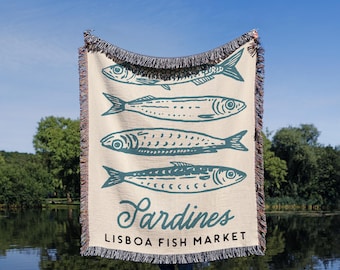 Manta de sardinas con diseño de pescado, decoración náutica costera para casa o cabaña de playa, regalo de pescador, manta de picnic oceánica con un toque veraniego moderno.