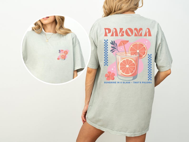a woman is wearing a shirt with a picture of a drink on it