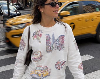 New York City Sketch Sweatshirt, NYC Landmarks Crewneck, Hand Drawn City Icons Sweater, New York Student Gift, NYC Travel Souvenir