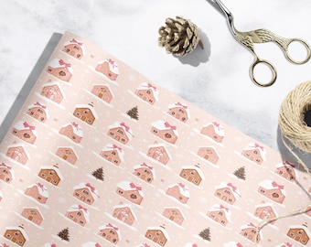 Pink Gingerbread House Christmas Wrapping Paper Roll Cute Holiday Gift Wrap with Snowflakes & Winter Village Design