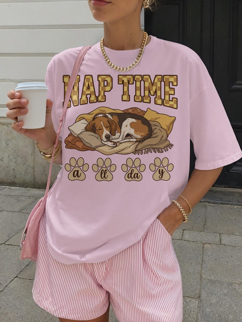 Nap Time All Day T-Shirt, Cute Sleeping Dog Graphic Tee, Relaxed Fit Casual Shirt for Dog Lovers, Fun Pet Lover Gift Idea