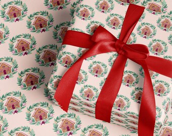 Pink Christmas Wrapping Paper Gingerbread House Holiday Gift Wrap Roll Classic Christmas Xmas Gift Wrapping Paper Christmas Decor