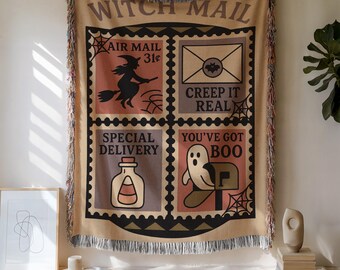 Witch Mail Halloween Blanket Cute Ghost Fall Throw Blanket for Coquette Decor Cozy Spooky Season Gift Woven Postal Themed Accent
