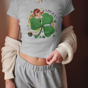 Lucky Shamrock Graphic Tee, St. Patrick's Day Shirt, Vintage Cute Leprechaun Clover Top, Irish Pride, Rainbow and Clover Design