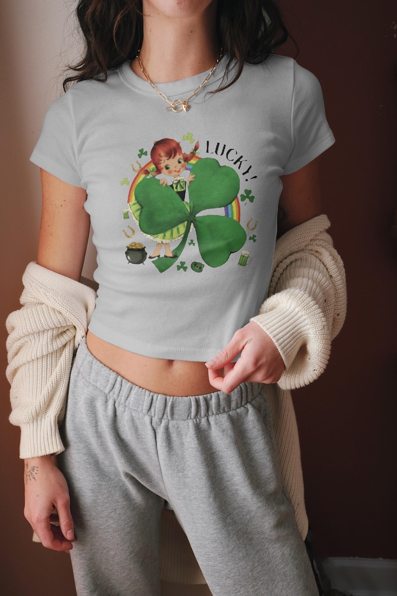 Lucky Shamrock Graphic Tee, St. Patrick's Day Shirt, Vintage Cute Leprechaun Clover Top, Irish Pride, Rainbow and Clover Design