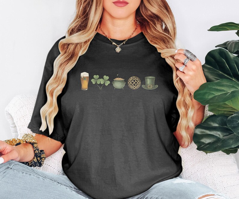 St Patricks Day Graphic Tee, Irish Symbols Shirt, Clover Beer Leprechaun Hat Design, Womens Casual Funny Holiday Top