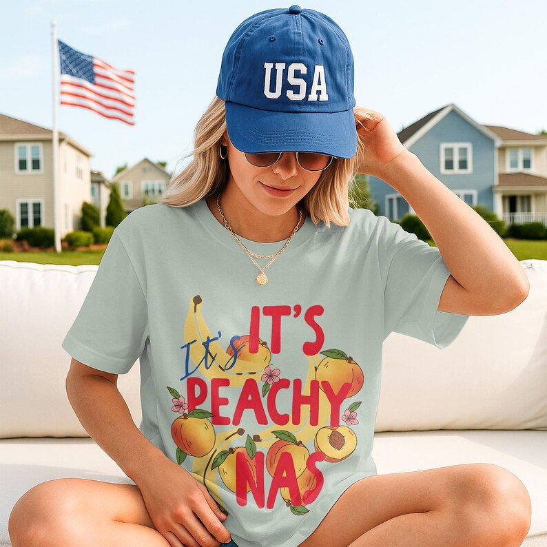 Cute USA Baseball Cap, Cool Graphic Tee, Patriotic Hat, Retro Summer Fashion, Trendy Peach Graphic Shirt, Fun American Apparel