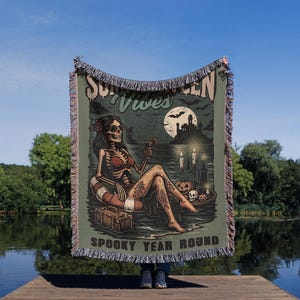 Summerween Vibes Skeleton Beach Blanket Spooky Halloween Throw for Ghoul Summer Decor Cozy Gothic Picnic or Reading Gift
