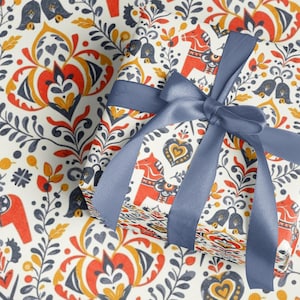 Scandinavian Dala Horse Wrapping Paper Roll Nordic Folk Christmas Gift Wrap Retro Festive Holiday Packaging Swedish Folk Art Design
