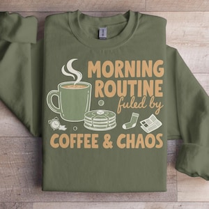 Camiseta "Rutina matutina, café y caos", divertida para papá, regalo para el Día del Padre, para amantes del café, broma para papá, regalo para el esposo