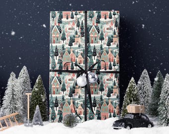 Retro Christmas Gift Wrap Paper Roll Holiday Gift Packaging Xmas Wrapping Paper Village Christmas Tree Decoration Green Red