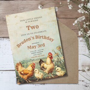May include: A vintage-style birthday invitation with a blue background and a picture of chickens. The text reads "Our little chicky is turning Two. Join us to celebrate Braden's Birthday Saturday May 3rd 10:00 AM - 12:00 PM Street Address City, State RSVP 555-555-5555"