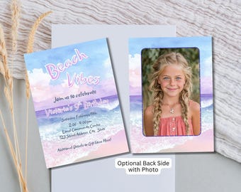 May include: Beach-themed birthday invitation with watercolor design. The invitation features the text "Beach Vibes" and details for a 9th birthday celebration. Includes a photo of a young girl on the back.