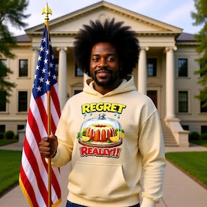 Puede incluir: Una persona con una sudadera crema con el texto "REGRET REALLY!!" y un gráfico de pastel. La persona sostiene una bandera estadounidense frente a un gran edificio blanco con columnas.