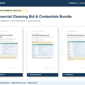 May include: A digital document bundle titled Commercial Cleaning Bid & Credentials Bundle, featuring three distinct sections: Cleaning Company Capability Statement, Site Walkthrough & Scope Pack, and Commercial Cleaning Proposal, presented on white pages.