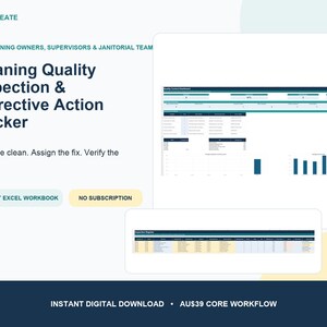 May include: A digital Cleaning Quality Inspection & Corrective Action Tracker Excel workbook. The interface features a dashboard with data charts and an inspection register. Text includes Real Create, 10-sheet Excel workbook, and No subscription.