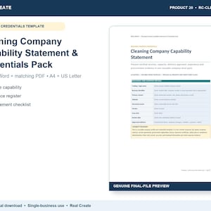 May include: A digital template for a Cleaning Company Capability Statement and Credentials Pack. The document includes sections for service capability, an evidence register, and a procurement checklist, available in A4 and US Letter formats.