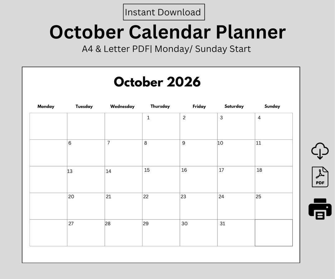 October 2026 Monthly Calendar Printable Planner Monday and Sunday Start ...