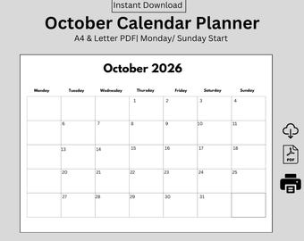 October 2026 Monthly Calendar Printable Planner Monday and Sunday Start A4 Letter PDF Instant Digital Download