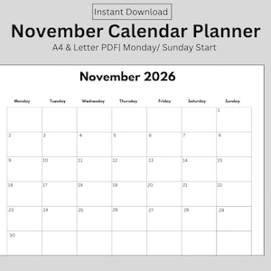 November 2026 Kalender Monatlicher Planer Landschaft Montag und Sonntag Start Sofort-Download Ästhetik A4 und Letter