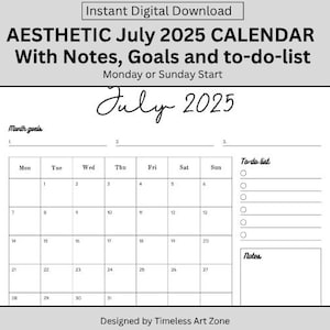 Aesthetic July 2025 Calendar Printable July 2025 Calendar with Notes Month of July 2025 July 2025 Calendar PDF, July Calendar Sheet