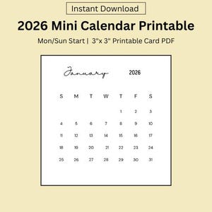 2026 Mini Calendar Printable: 3x3&quot; Portrait Planner Cards (Digital Download)