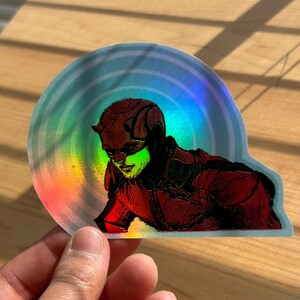 Dare devil Matt Murdock Hand-drawn Metallic Holographic Vynil Rainbow Hand-made Sticker with clear protective shiny laminate image 2