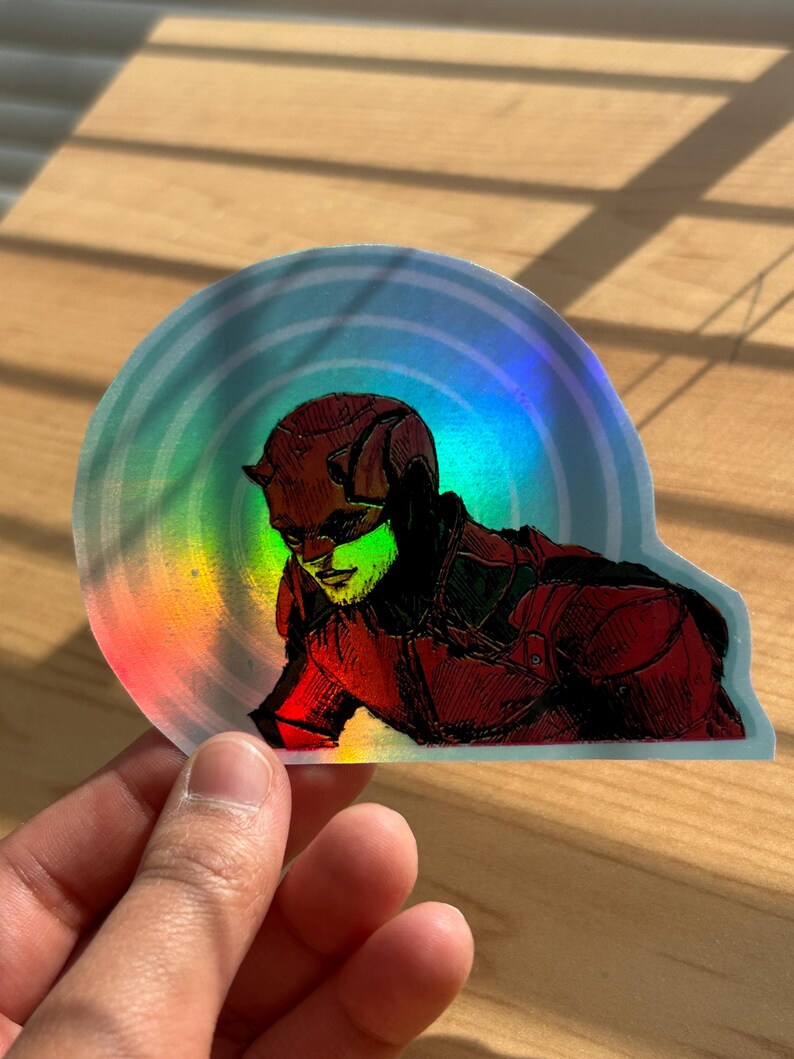 Dare devil Matt Murdock Hand-drawn Metallic Holographic Vynil Rainbow Hand-made Sticker with clear protective shiny laminate image 2