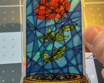 Stained Glass Design Vynil sticker,Fairytale Rose Holographic Rainbow  Handmade, Hand-drawn, Bells Rose with shiny protective laminate.