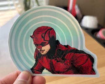 Dare devil Matt Murdock Hand-drawn Metallic Holographic Vynil Rainbow Hand-made Sticker with clear protective shiny laminate