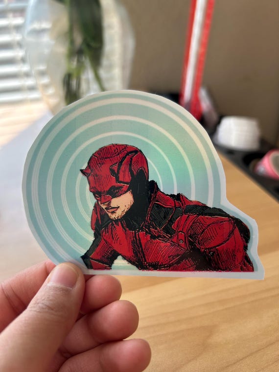 Dare devil Matt Murdock Hand-drawn Metallic Holographic Vynil Rainbow Hand-made Sticker with clear protective shiny laminate