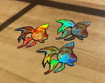 Holographic Waterproof Vinyl Arcrylic Painted Goldfish Handmade sticker, Shiny Protective Laminate finish