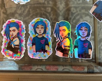 Holographic Waterproof Vinyl Jinx & Powder video game Handmade sticker, Shiny Protective Laminate finish