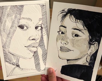 Custom Pen & Ink Portrait, handmade