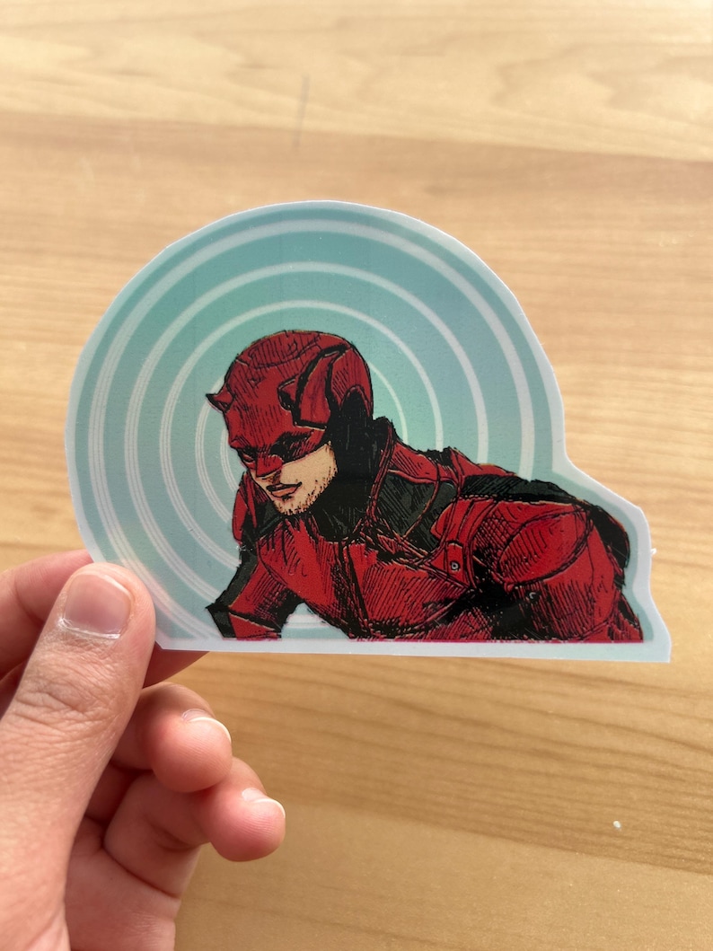 Dare devil Matt Murdock Hand-drawn Metallic Holographic Vynil Rainbow Hand-made Sticker with clear protective shiny laminate image 3