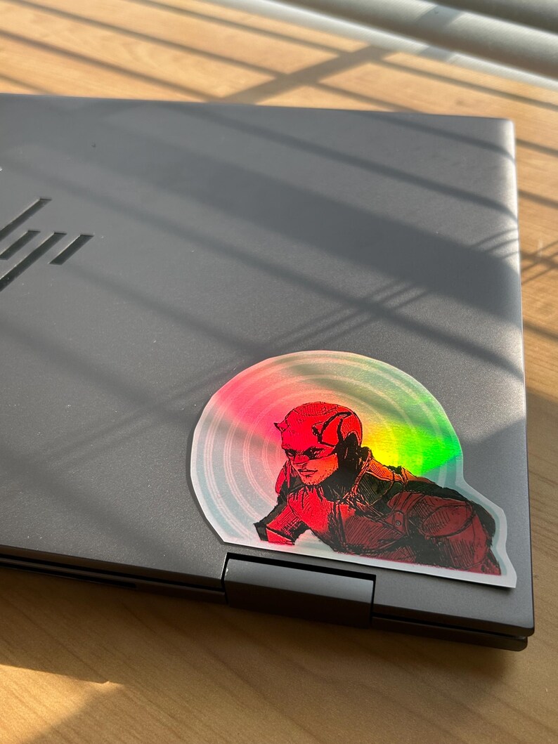Dare devil Matt Murdock Hand-drawn Metallic Holographic Vynil Rainbow Hand-made Sticker with clear protective shiny laminate image 4