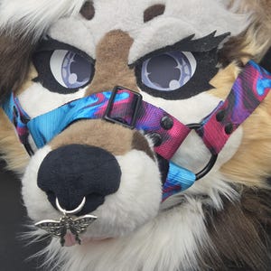 May include: Close-up of a furry animal mask with large, expressive eyes and a patterned muzzle. The mask features a colorful harness with blue, pink, and purple swirls. A silver moth charm hangs from the nose.