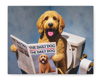 May include: A canvas print featuring a golden doodle dog sitting on a toilet, reading a newspaper titled "THE DAILY DOG". The dog has its tongue out. A roll of toilet paper and a brass fixture are visible.