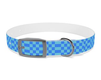 Blue Checkered Dog Collar: TPU Waterproof Collar