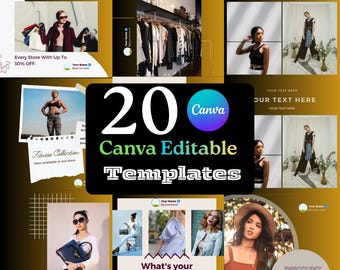May include: A promotional graphic with a gold and black color scheme. It features various fashion-related images, including models, clothing racks, and text that reads "20 Canva Editable Templates." Additional text includes "News Day Here" and "Every Store 50% Off."