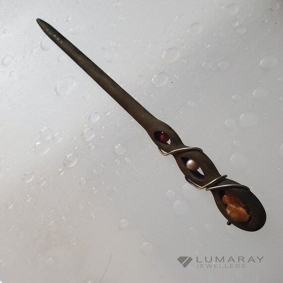 This wooden hair accessory is decorated with river pearl, amber and glass bead with 925 Sterling Silver wire.  .
